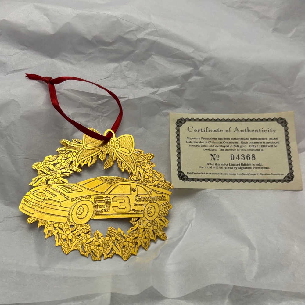 24k overlay 3 Dale Earnhardt Gold Race Car Wreath Holiday Ornament - 1996 NASCAR